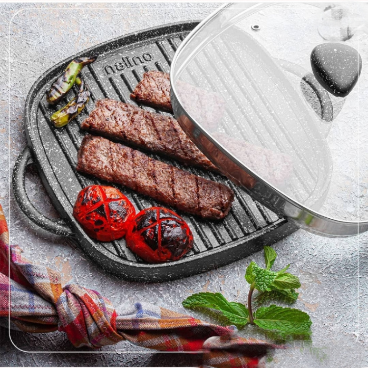 تابه گریل چدن دو طرفه مدل Lorenza با درب شیشه