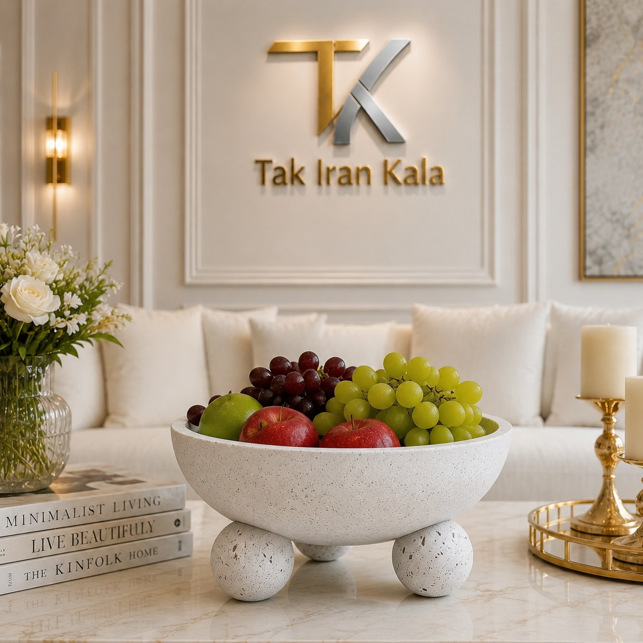 کاسه میوه خوری سنگی 3 پایه توپی تراورتن سفید کد0022