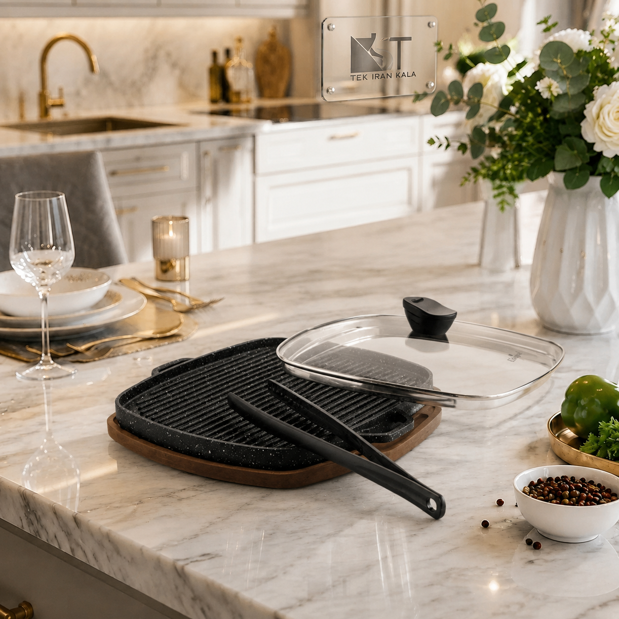 تابه گریل چدن مربع بزرگ با چوب و انبر یونیک کد UN-6017